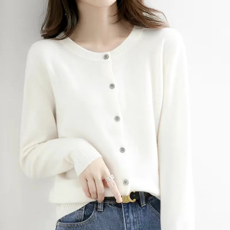 Women's round neck loose fitting slimming cardigan sweater, spring and autumn knitted cardigan, solid color versatile top