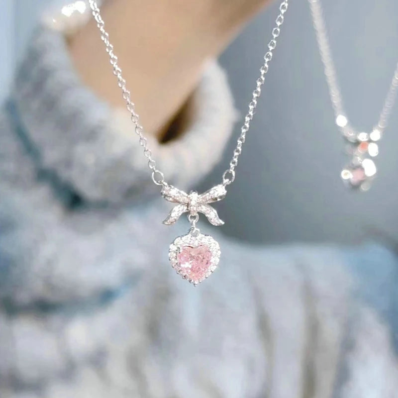 Fashion Pink Planet Heart Zircon Necklace Women Charm Aesthetic Clavicle Chain Necklace Valentines Day Gift Party Jewelry