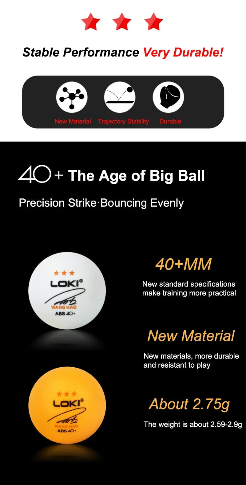 50/100PCS LOKI Table Tennis Balls 3 Star 40+ New ABS Plastic Material Ping Pong Balls with Seam Club Training Ping Pong Balls