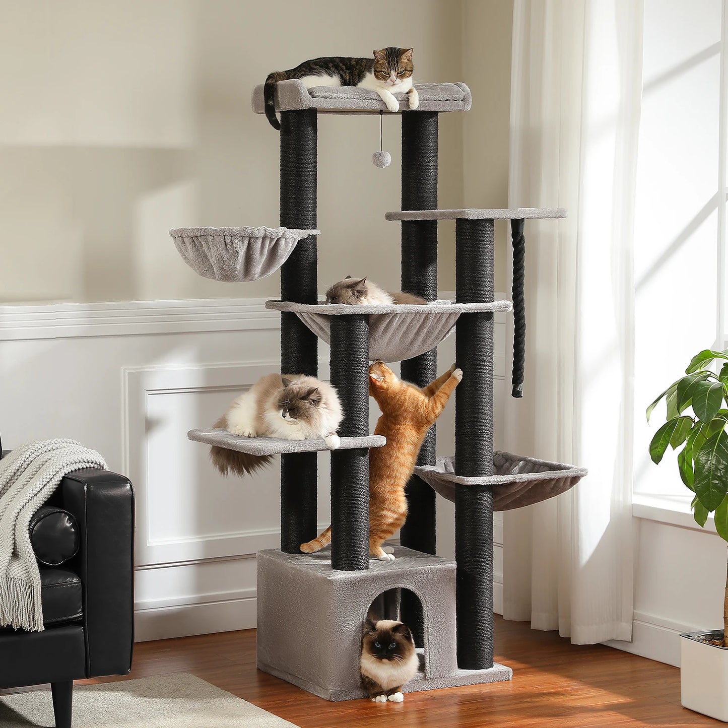 Multi-Level Cat Tree with Scratching Posts, Cozy Condo, Super Large Perch, Deep Hammocks, Tall Cat Tower for Indoor Adult Cats
