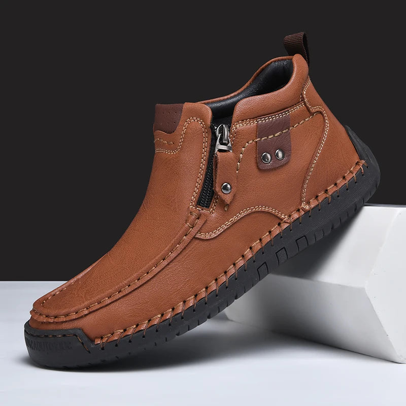 Leather Men Ankle Boots Slip On With Zipper Casual Breathable