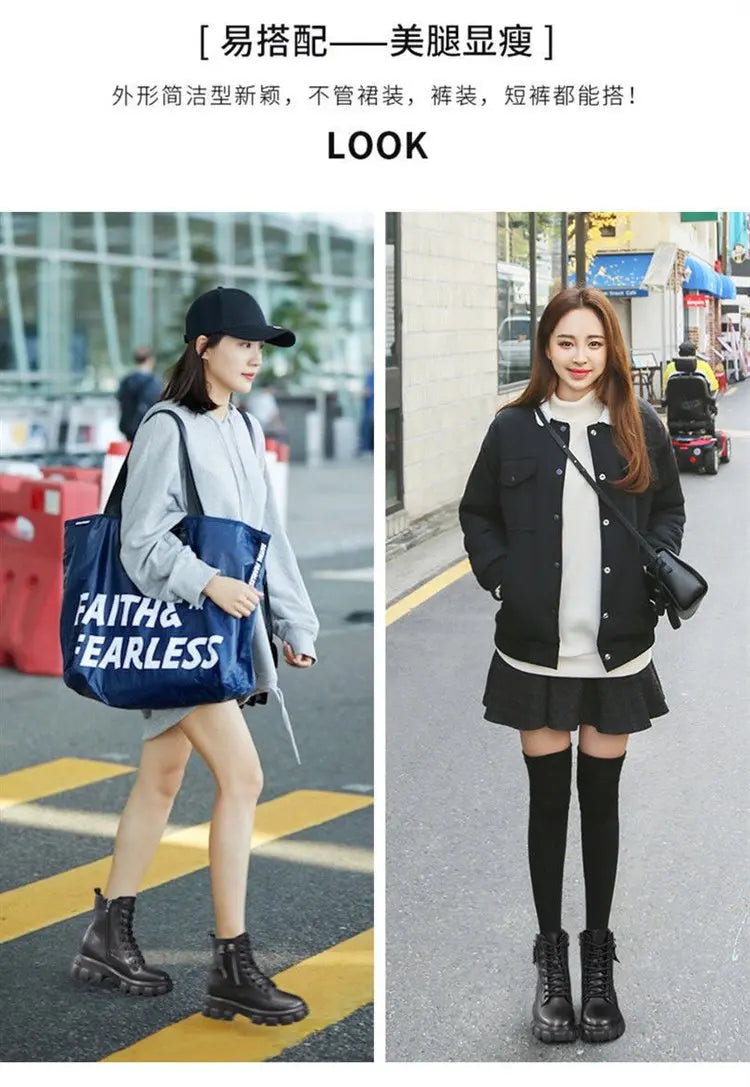 Booties 2025 New Korean Style Fleece-Lined Autumn Winter High-Top Cotton Shoes Women's Boots High Heel Mid-Calf Bootsins