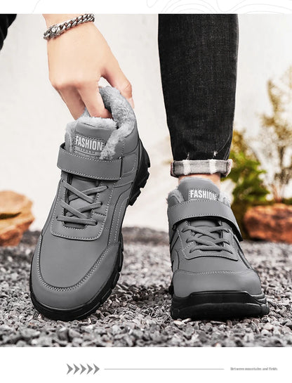 Men's Waterproof PU Leather Mid Calf Snow Boots With Plush Lining