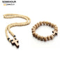 Wood Bead Cross Necklace & Bracelet Set – Religious Accessories for All