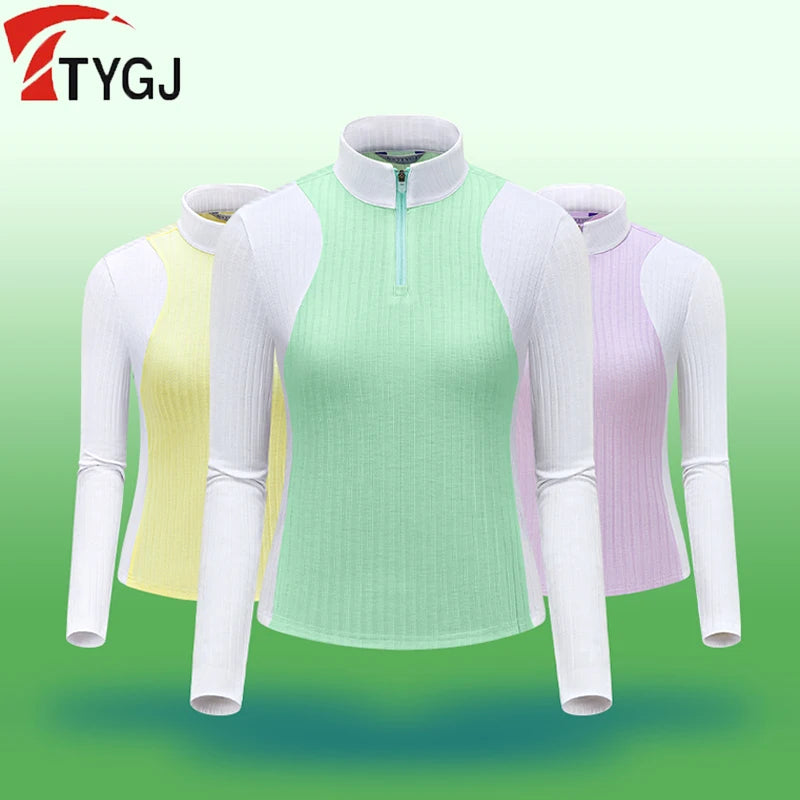 TTYGJ Autumn Spring Golf Clothing Women Contrast Color Golf Base Shirt Ladies Zipper Collar Soft Tops Slim Casual Sportswear
