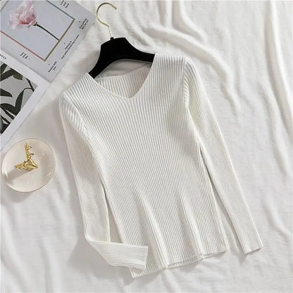 Women's V-Neck Knitted Pullover, Long Sleeve Slim Fit Jersey Top