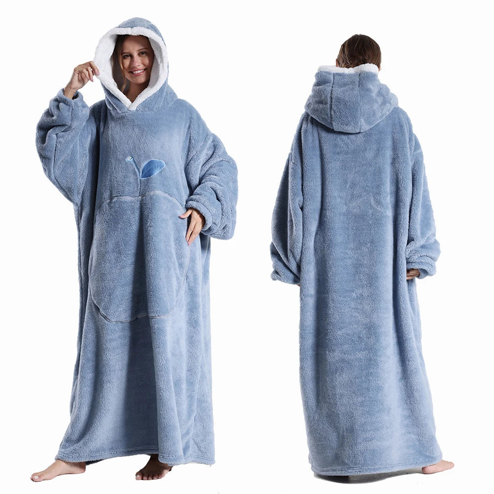 Extra Long Hooded Blanket – Winter Flannel Wearable Throw with Full Sleeves