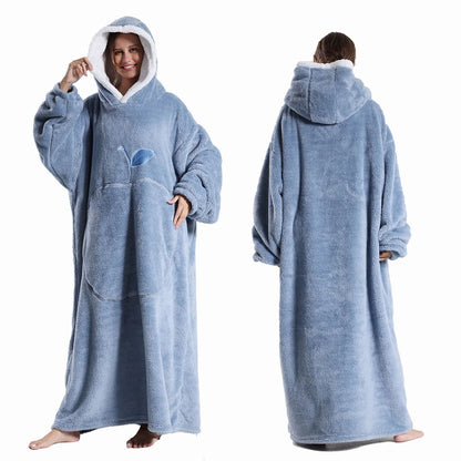Extra Long Hooded Blanket – Winter Flannel Wearable Throw with Full Sleeves