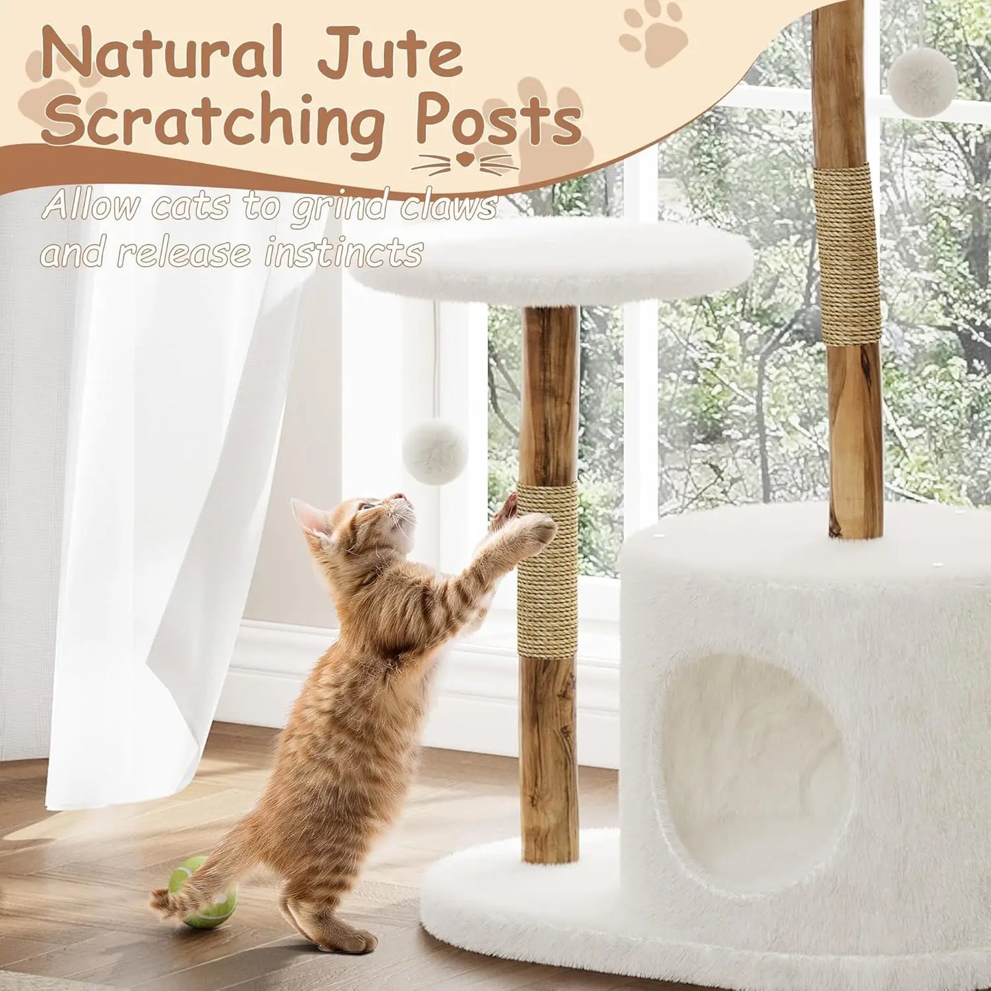 Cat Tree for Large Cats, Wood Cat Tower with Rattan Basket and Platform, Luxury Condo & Perches,Climbing Tree House for Cats