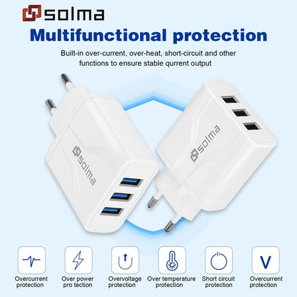 Three Port USB Travel Wall Charger With EU US UK Plug