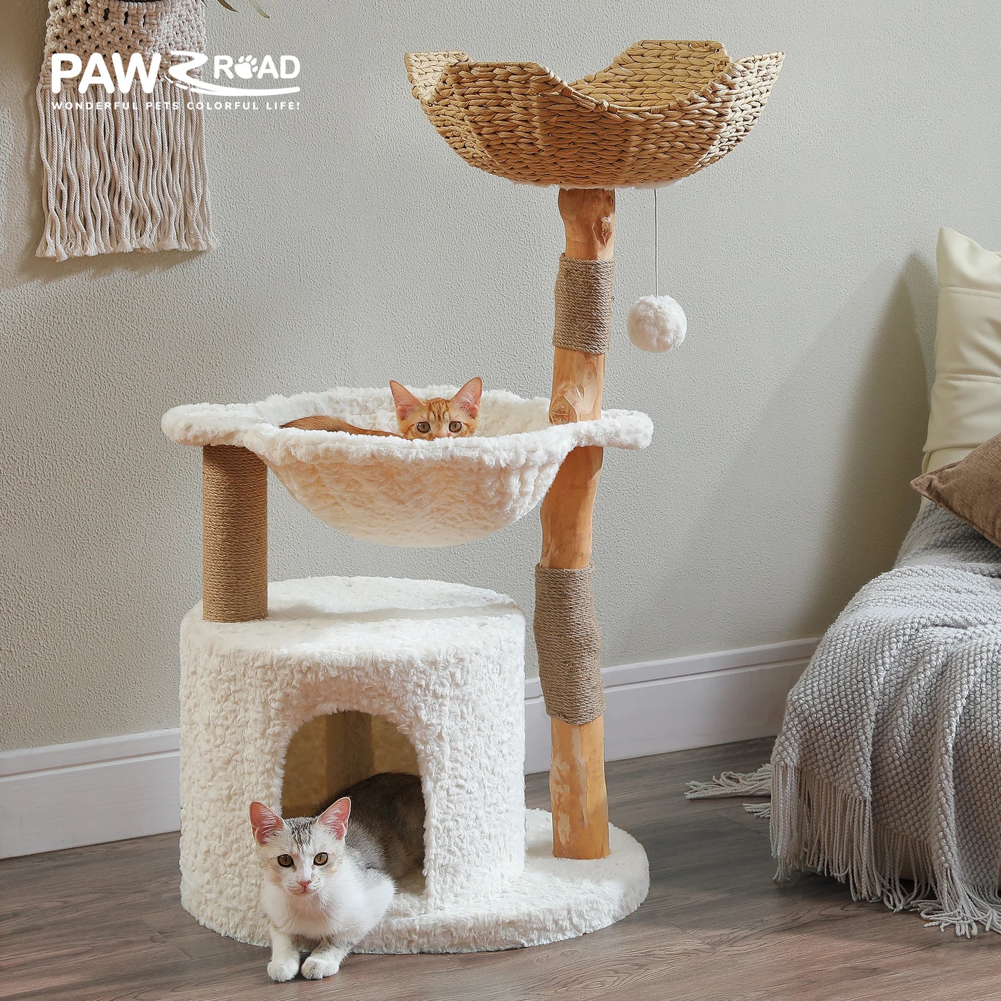 Solid Wood Cat Tree Modern Cat Tower with Spacious Cat Condo,Flower Perches,Fun Pompom,Double Comfort Perfect for Indoor Kittes