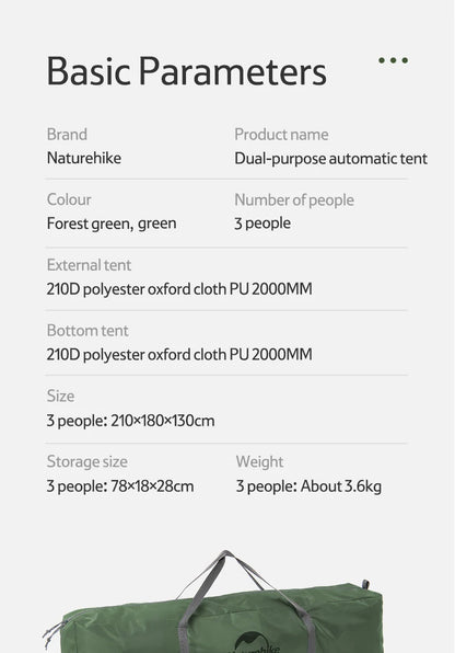 One Touch Automatic Roof Top Tent 180x210 cm 3 To 4 Person Double Door