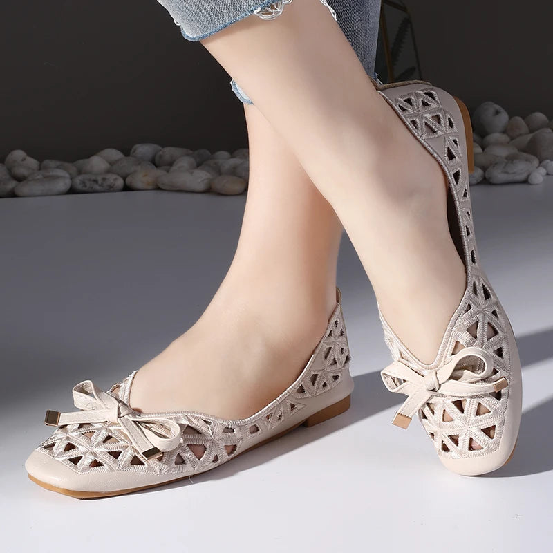 New Women's Retro Bow Single Shoes - Hollow Breathable Shallow Cut Square Head Shoes, Comfortable Soft Sole Flat Shoes
