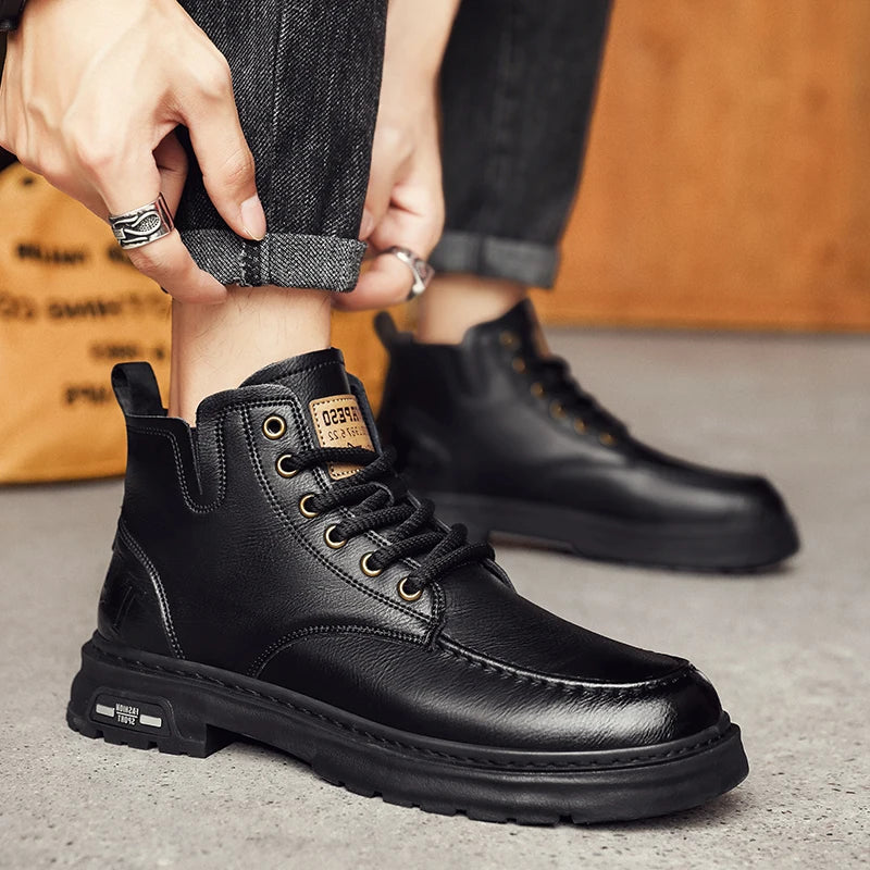 Brown Leather Mens Ankle Boots Lace Up Platform Outdoor