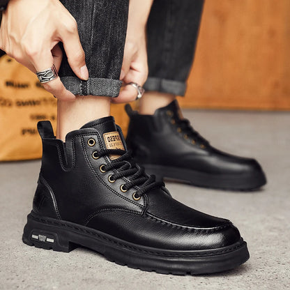 Brown Leather Mens Ankle Boots Lace Up Platform Outdoor