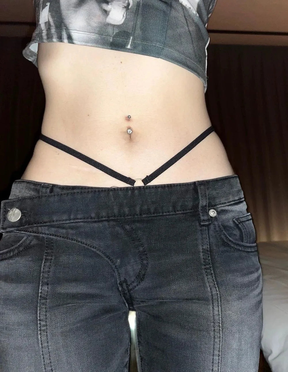 Karrram Vintage Distressed Low Waist Jeans Grunge Asymmetrical Waist Denim Pant Korean Fashion Black Flare Jeans Kpop Streetwear