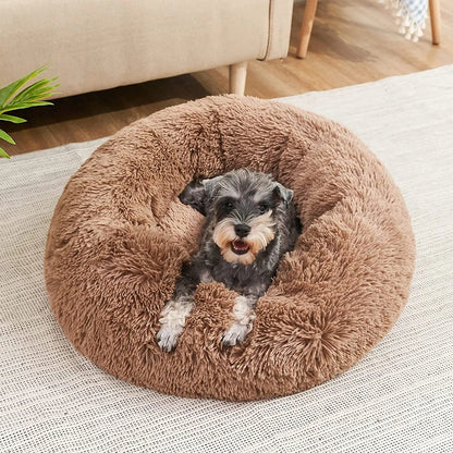 Round Plush Pet Bed For Dogs And Cats 40-90 Cm Diameter Fleece And Long Plush