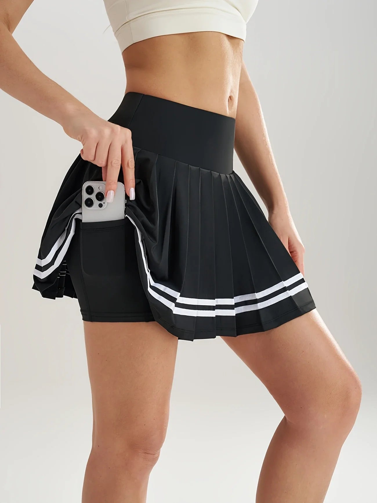 Pleated Skirt 2-in-1 Tennis Skorts With Inner Pockets Bouffancy Stripe High Waist Sportwear Outwear Quick Dry Fitness For Women