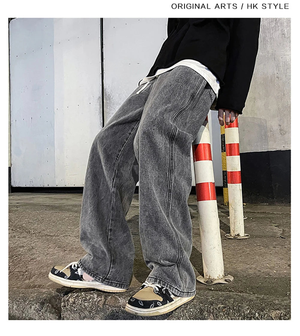 Men's Loose Wide-Leg Jeans, Solid Color, Straight Fit