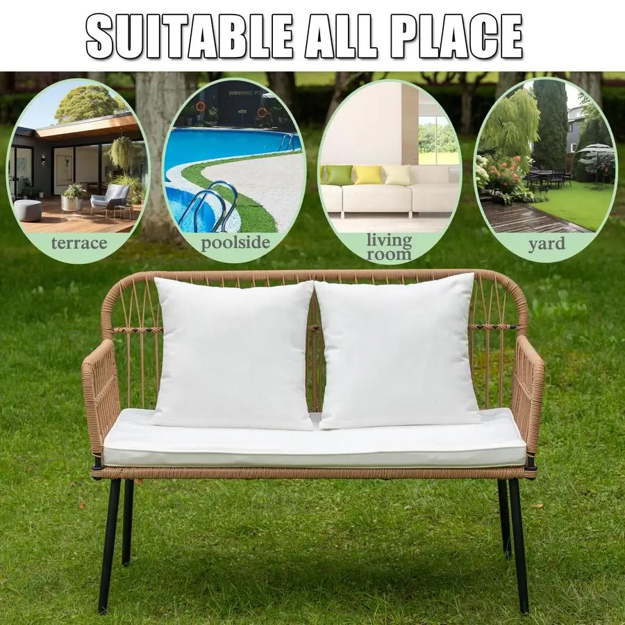 Garden Outdoor Patio Love Seat,Boho Rattan Chair Sofa Wicker Couch All Weather Couple Seat,Beige Rattan White Cushion Balcony Ch