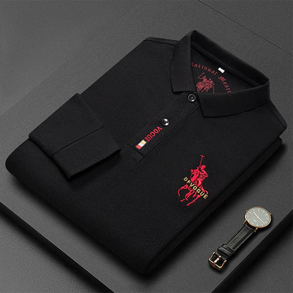 Men's Long Sleeve Polo Shirt Polyester Knit With Horse Embroidery