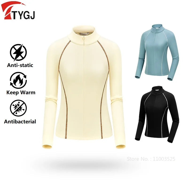 TTYGJ Slim Long Sleeve Golf Base Shirt Women Zipper Neck Warm Velvet Tops Autumn Winter Windproof Thicken Leisure Golf Blouse