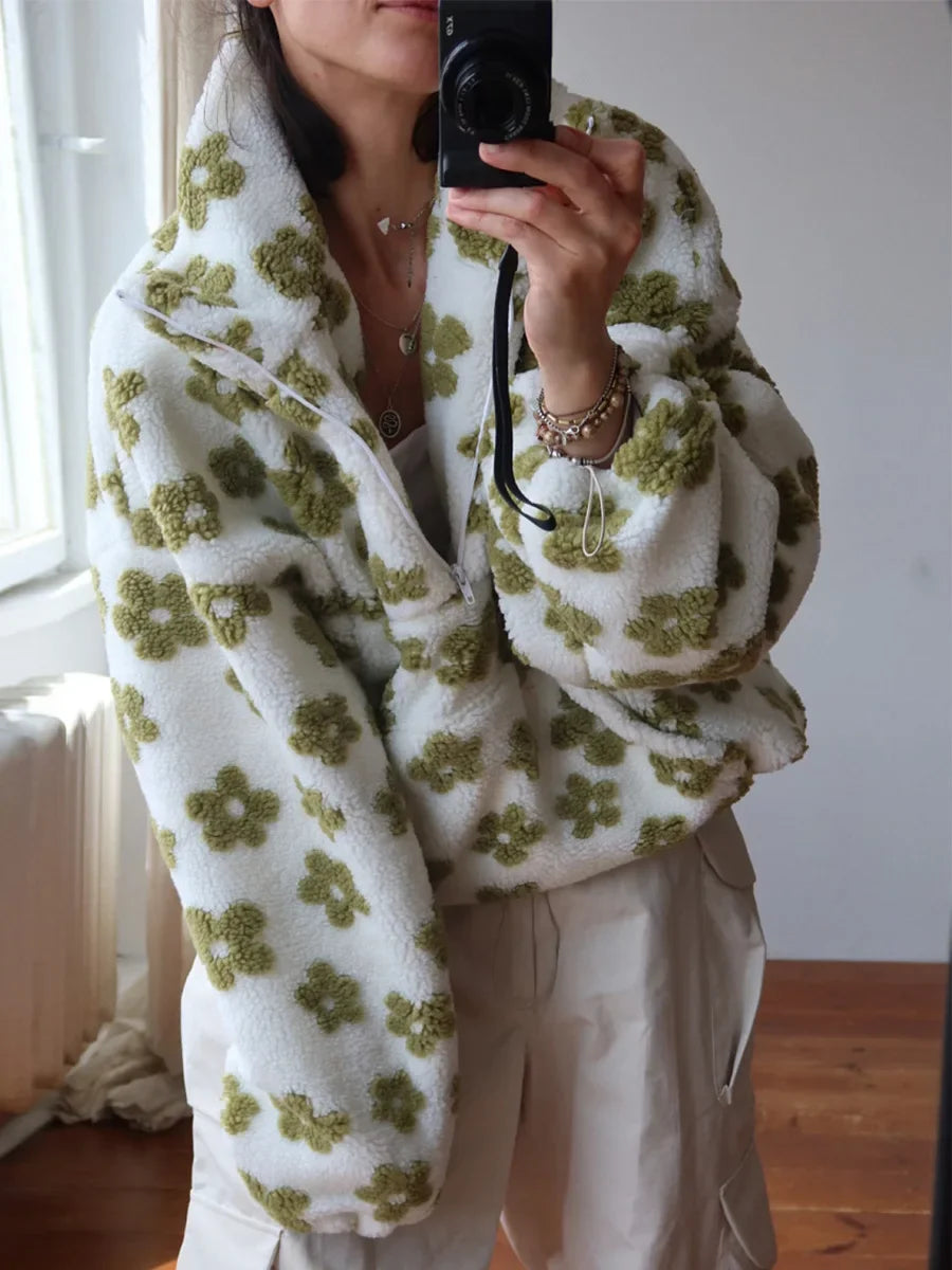 Blubelle New Autumn Winter Women's Sherpa Floral Pullover Hoodies Half Zip Style Loose Fit Warm Stylish Sweatshirt