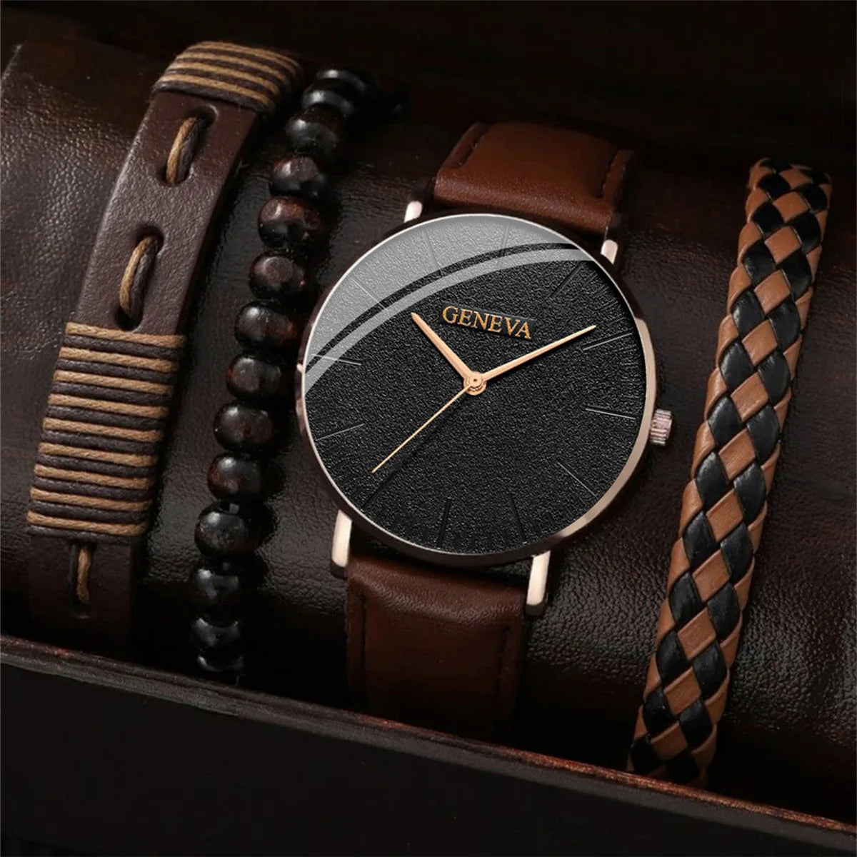 Men’s Stylish Leather Watch & Bracelet Set