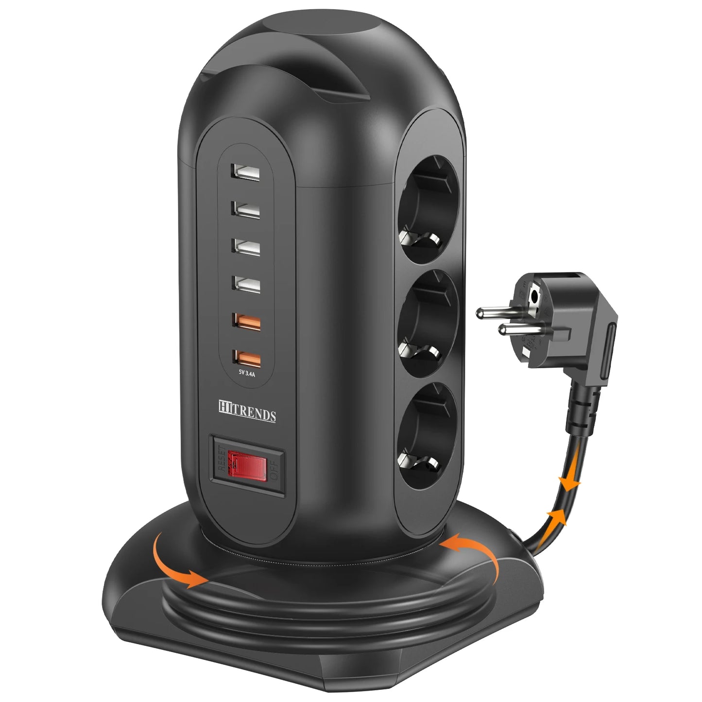 9 way Multiple Socket Power Strip with 6 USB Vertical EU Outlets Tower Socket with 1.8M Extension Cord Surge Protection for home