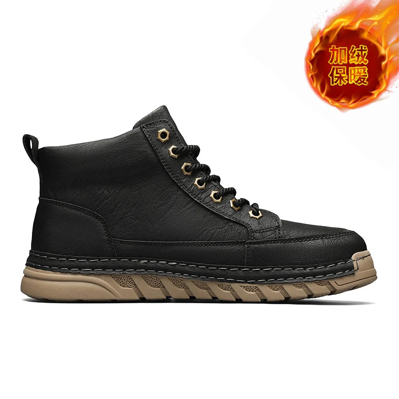 Men Leather Boots Mid Calf Lace Up Anti Slip Rubber Outsole