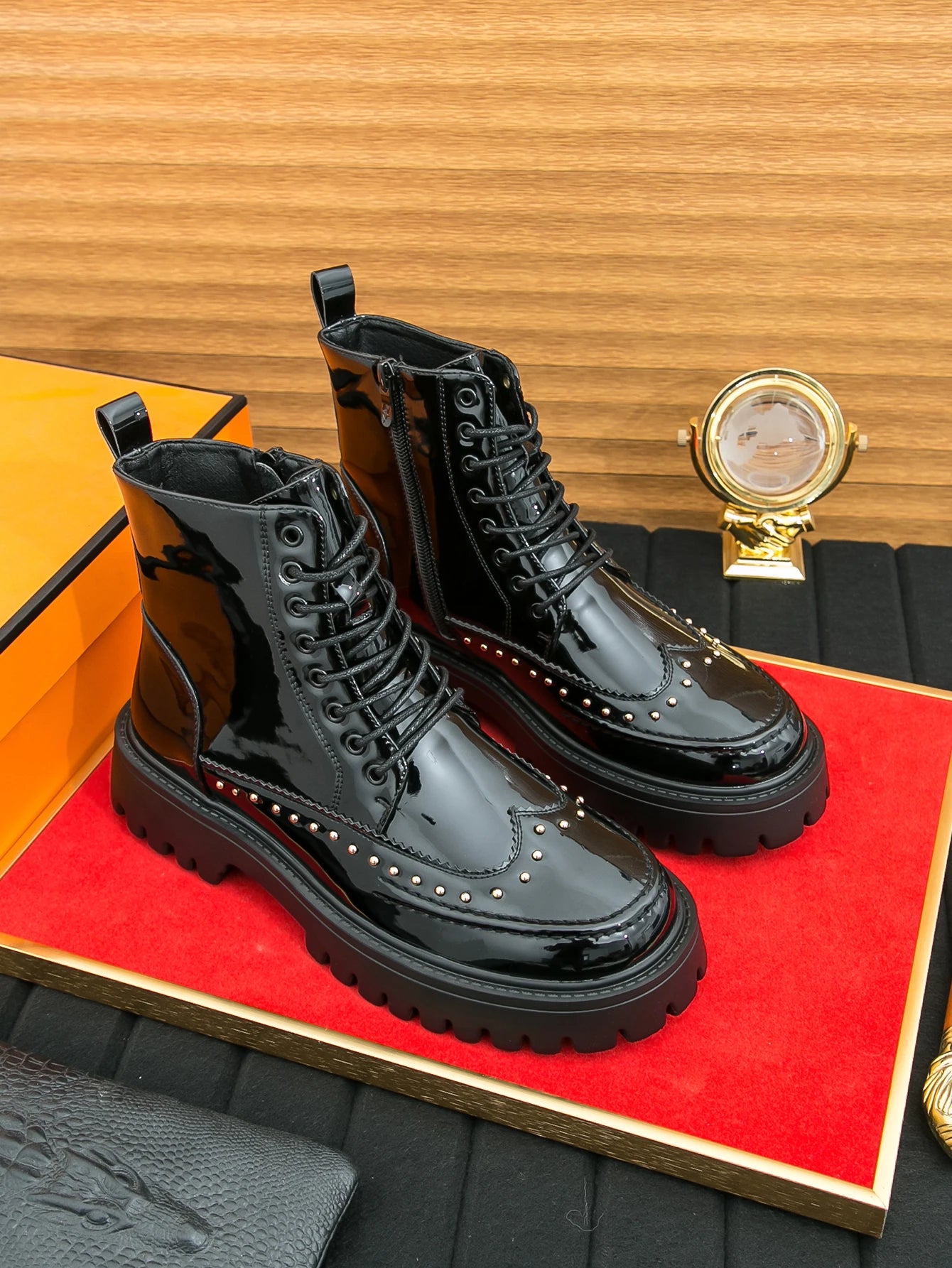 Men's Mid-Calf Leather Motorcycle Boots Pointed Toe Lace-Up