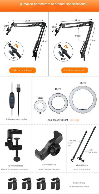 Professional Tripod For Mobile Phone With Overhead Lighting And Selfie Stick