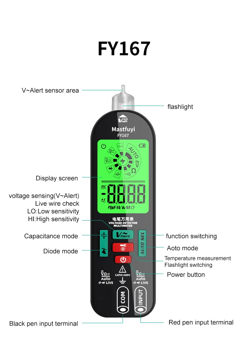 MASTFUYI Professional Digital Multimeter AC/DC Voltage Current 6000 Counts True RMS Volt Amp Ohm Hz Capacitance NCV Tester Tools
