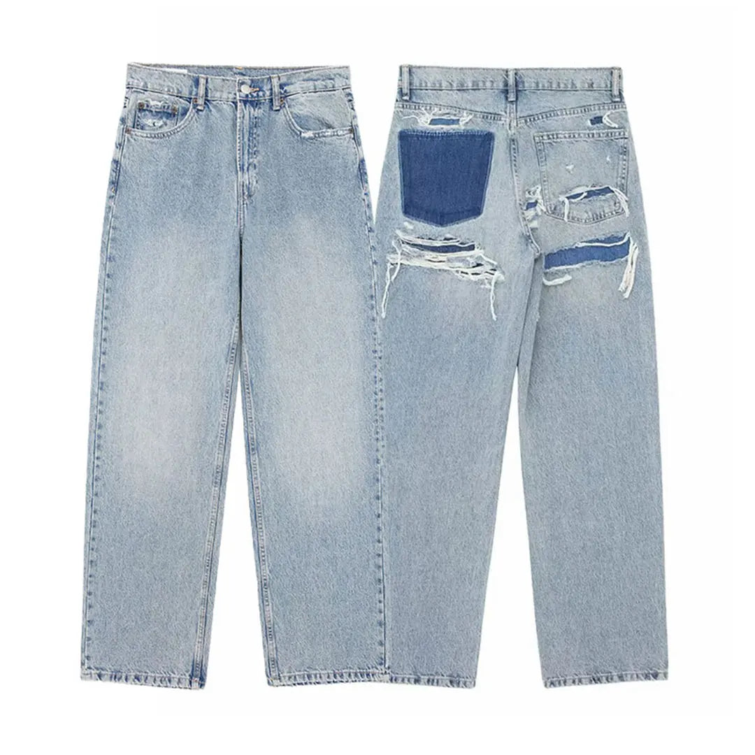 HH 2024 Women's Street Fashion Denim Blue Jeans Distressed Patchwork High Waist Zipper Fly Ripped Retro Long Pants