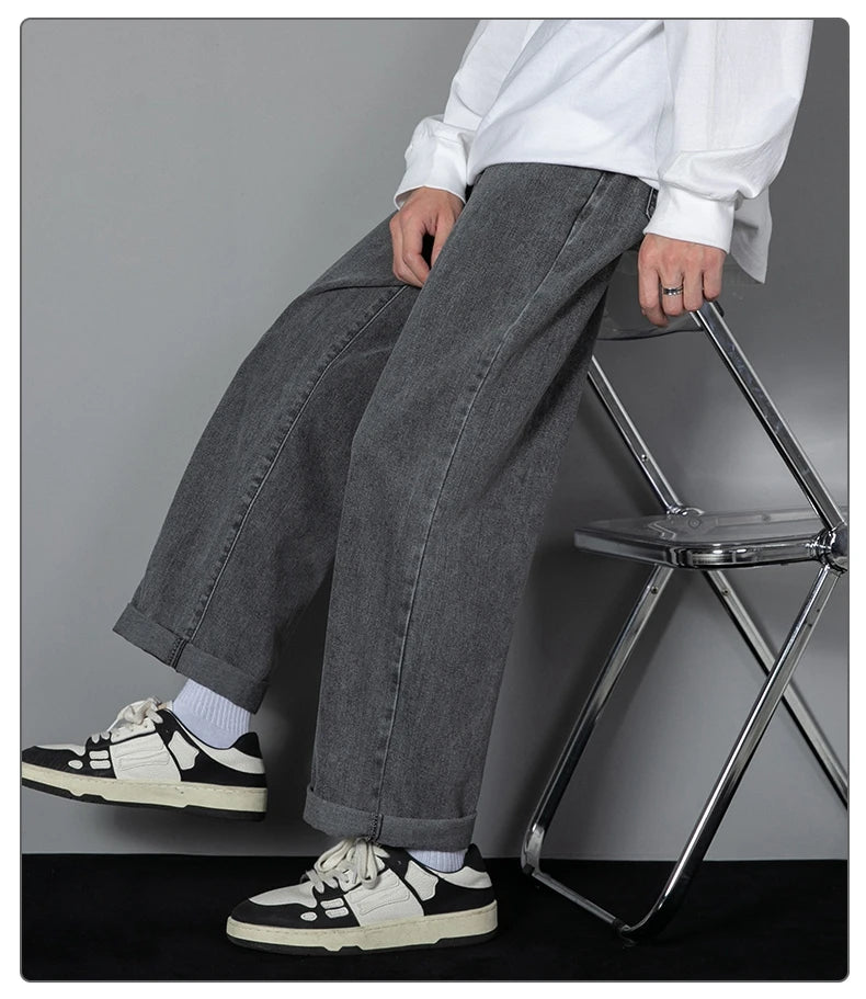 Men Denim Jeans Loose-Fit Casual Wide-Leg Light Blue Grey Black