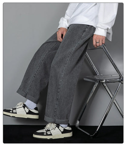Men Denim Jeans Loose-Fit Casual Wide-Leg Light Blue Grey Black