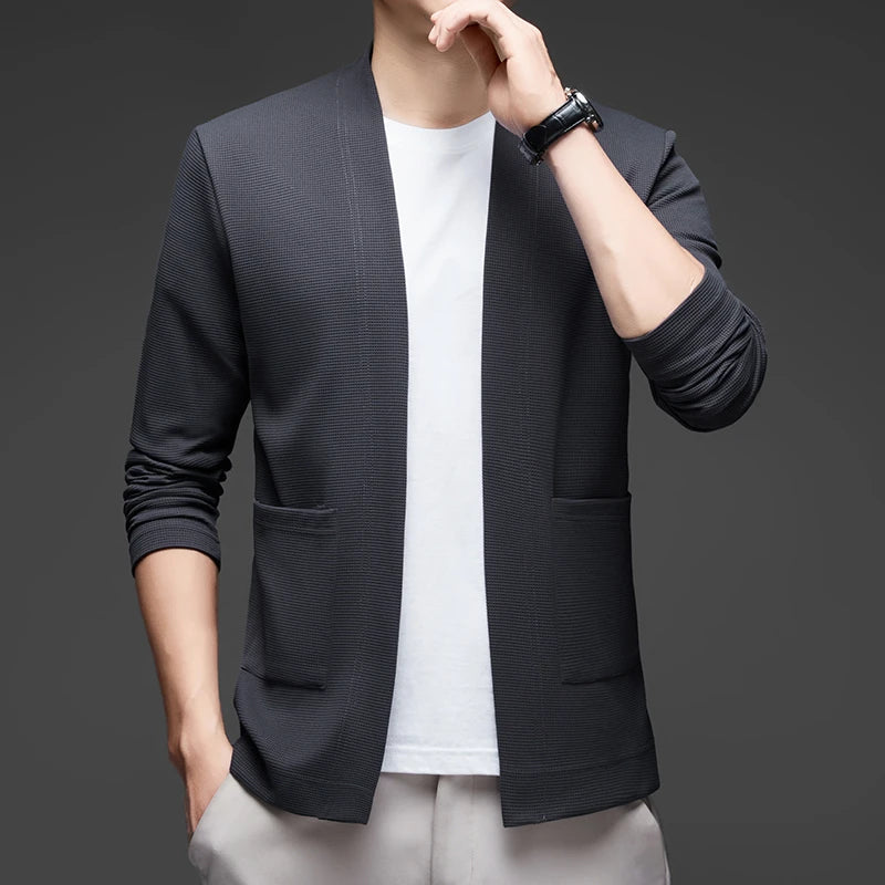 New Men's Business Casual Long Sleeved Solid Color Cloak Jacket Knitted Comfortable and Fashionable All Season Versatile Top