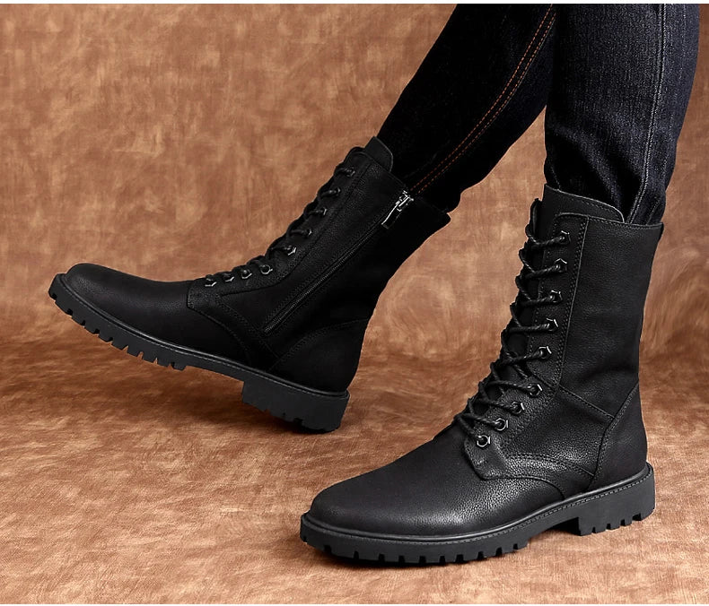 Men's Leather Motorcycle Boots Mid-Calf With Plush Lining