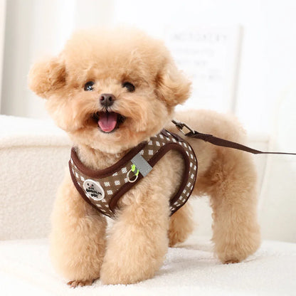 Checkered Pet Harness and Leash Set Breathable Nylon Reflective
