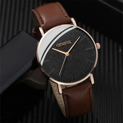 Men’s Stylish Leather Watch & Bracelet Set