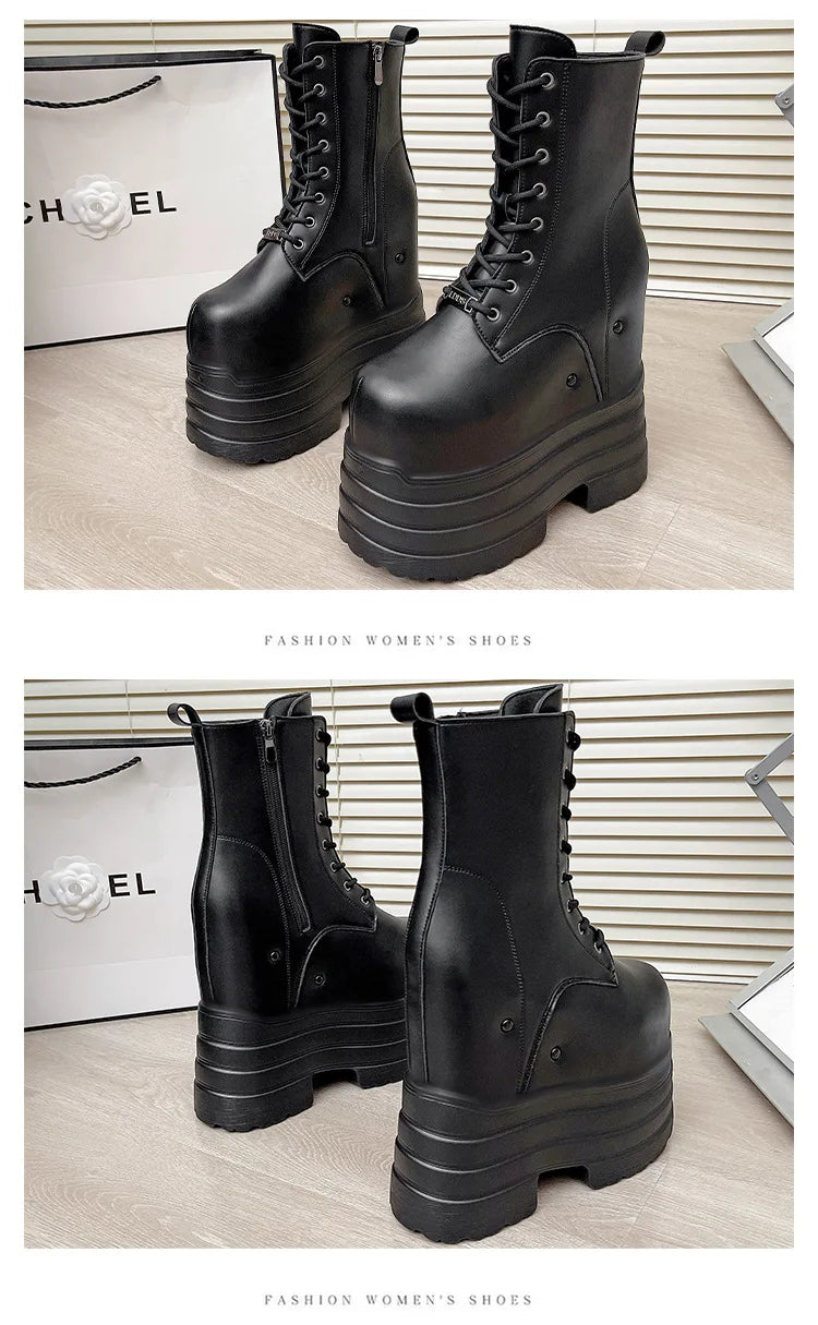 Height Increasing Women's High Boots Black Leather Thick Bottom Platform Shoes Side Zip Gothic Punk Short Boots Street Style