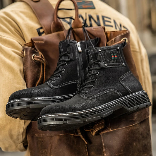 Men Ankle Boots Motorcycle Leather Outdoor Casual Winter Plush Lining