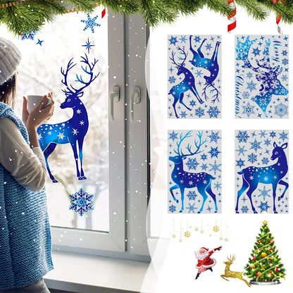 Holiday Window Clings – Blue Snowflake & Elk Christmas Static Stickers for Festive Wall & Glass Decor