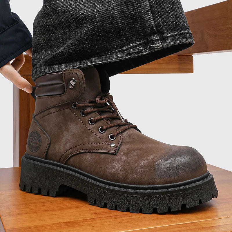 Men's Snow Boots Ankle-Height Leather Lace-Up Thick-Sole Size 39-46