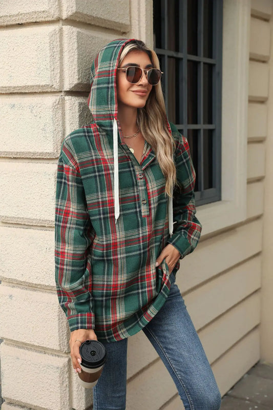 European and American Cross border Foreign Trade 2024 Autumn/Winter New Loose Long Sleeve Hooded Button Checkered Coat Hoodie fo