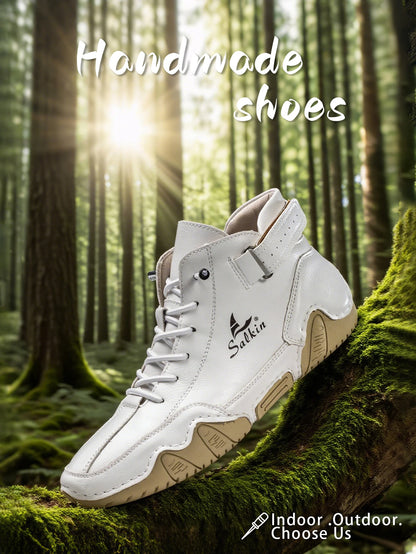 Men's Outdoor Leather Boots Lace Up Ankle Boots White Breathable