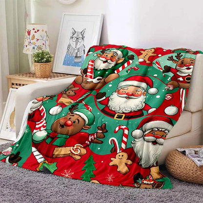 Cartoon Santa Snowman Throw Blanket Flannel Polyester Cotton