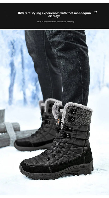 Men Winter Snow Boots Waterproof Leather High Top Plush Lined MidCalf Big Size