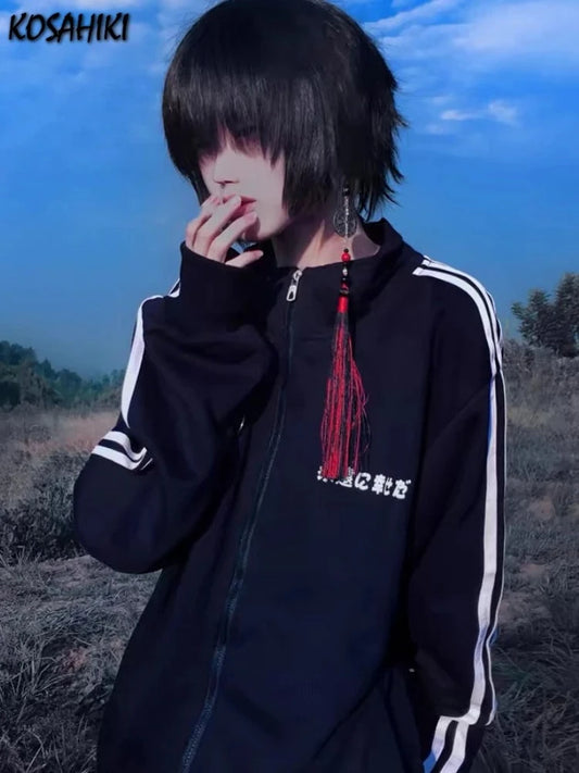 Japanese Casual Stand Neck Hoodie Women Men Streetwear Letter Print Zipper Grunge Sweatshirt Y2k Aesthetic Loose Patchwork Hoody