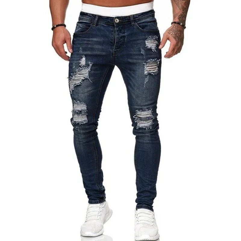 Men's Ripped Skinny Jeans Denim Vintage Wash Slim Fit